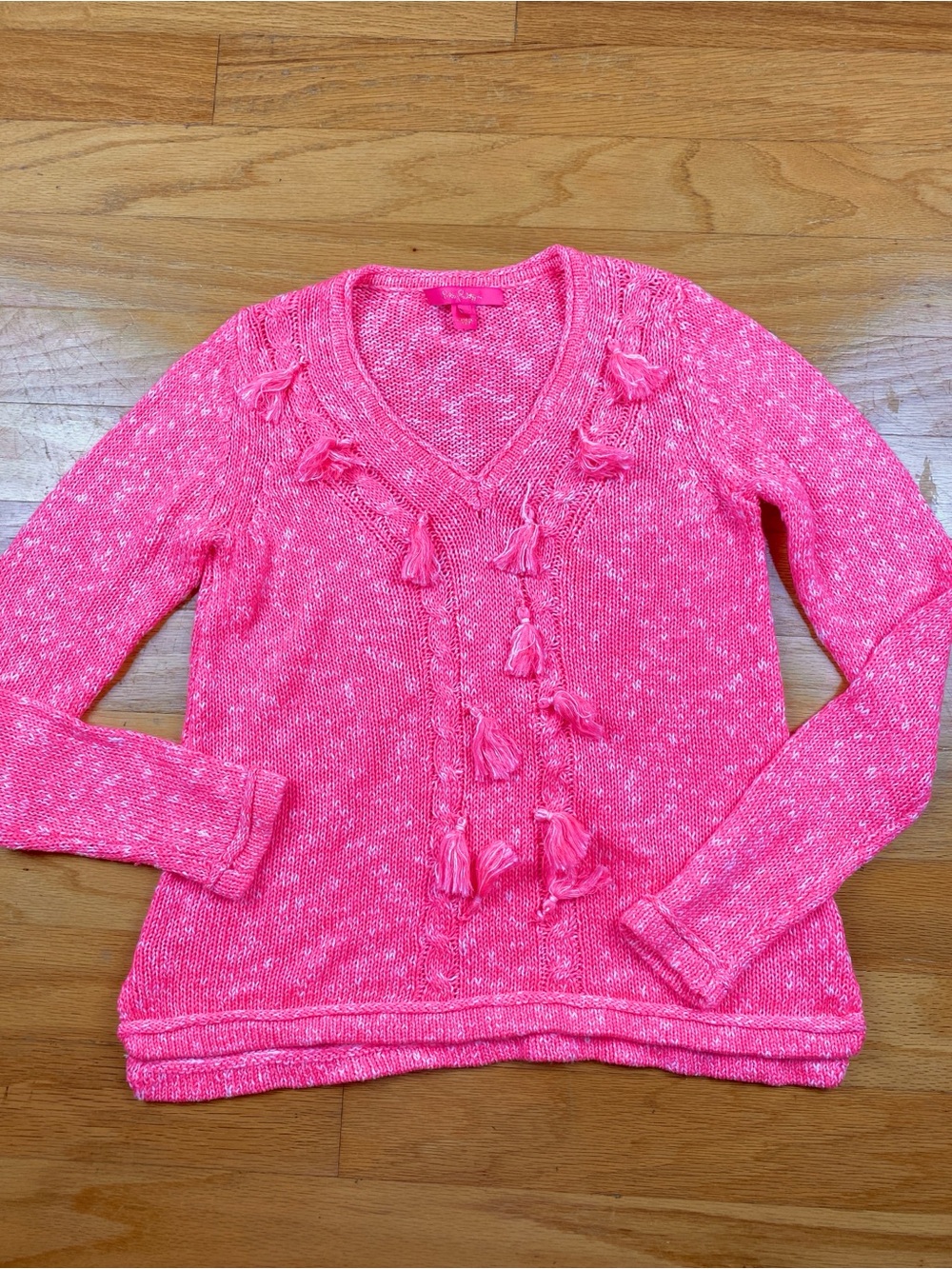 Lilly Pulitzer Size S Kovette V Neck Sweater Coral Sands Marl Pink Tassels *FLAW